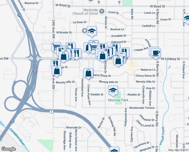 map of restaurants, bars, coffee shops, grocery stores, and more near 1907 Cherry Stone Street in Norman