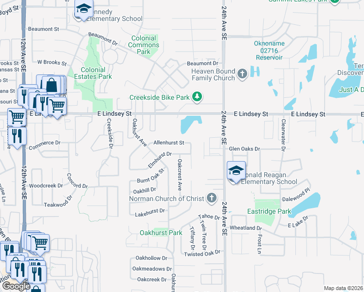 map of restaurants, bars, coffee shops, grocery stores, and more near 2115 Allenhurst Street in Norman