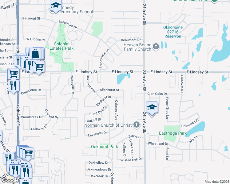 map of restaurants, bars, coffee shops, grocery stores, and more near 2121 Allenhurst Street in Norman