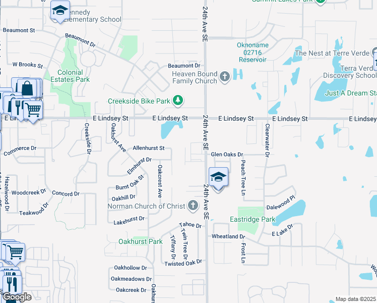 map of restaurants, bars, coffee shops, grocery stores, and more near 1315 Glen Oaks Court in Norman