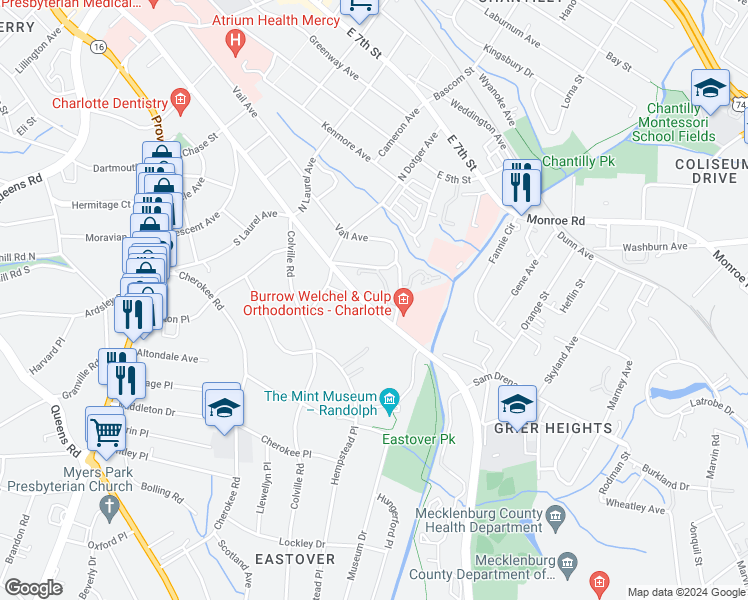 map of restaurants, bars, coffee shops, grocery stores, and more near 2514 Cranbrook Lane in Charlotte