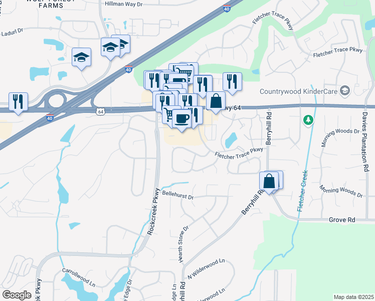 map of restaurants, bars, coffee shops, grocery stores, and more near 9041 Fletcher Park Circle West in Memphis