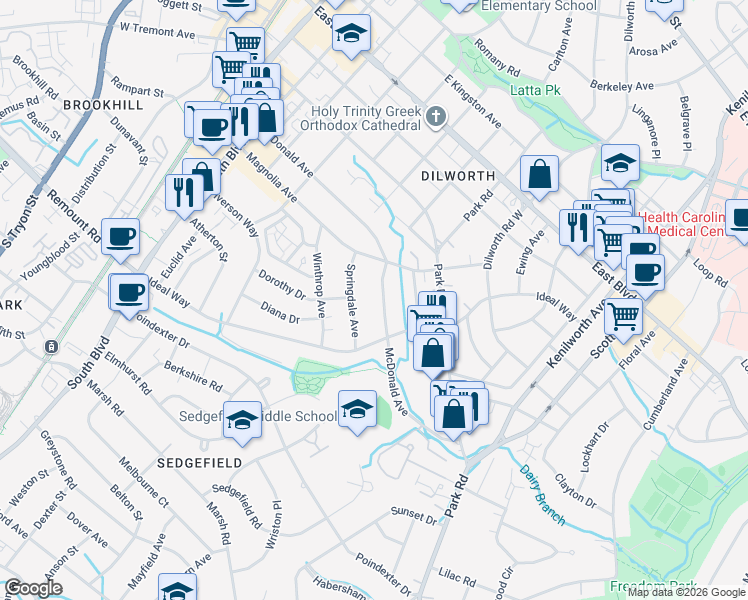 map of restaurants, bars, coffee shops, grocery stores, and more near in Charlotte