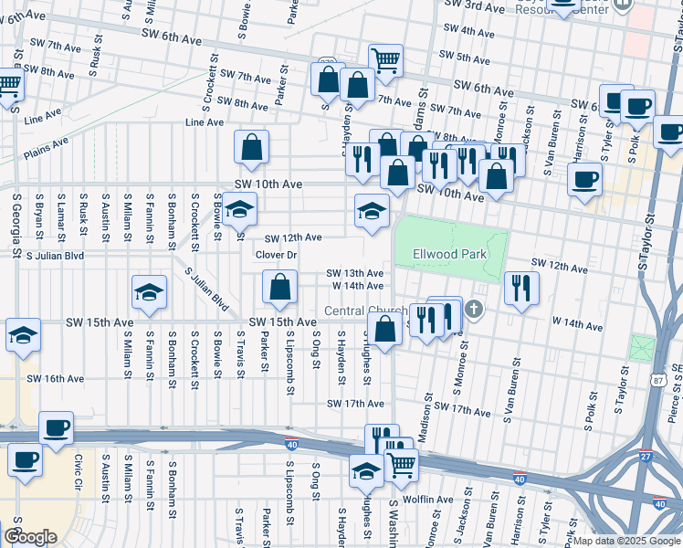 map of restaurants, bars, coffee shops, grocery stores, and more near 1303 South Hayden Street in Amarillo