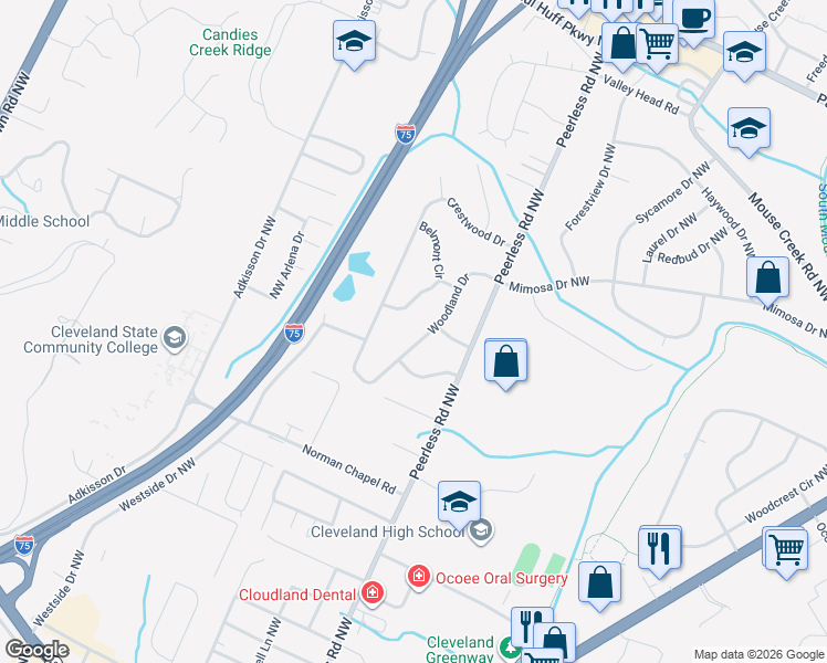 map of restaurants, bars, coffee shops, grocery stores, and more near 3611 Woodland Drive in Cleveland