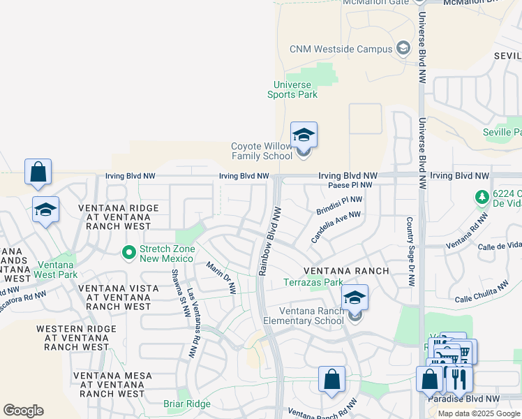 map of restaurants, bars, coffee shops, grocery stores, and more near 10427 Rosefinch Drive Northwest in Albuquerque