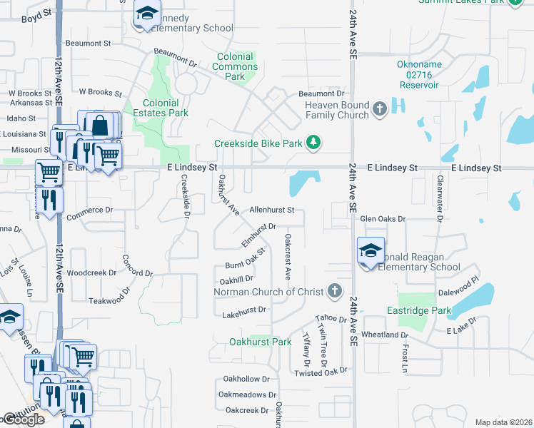 map of restaurants, bars, coffee shops, grocery stores, and more near 2030 Allenhurst Street in Norman