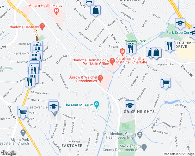 map of restaurants, bars, coffee shops, grocery stores, and more near 2510 Cranbrook Lane in Charlotte