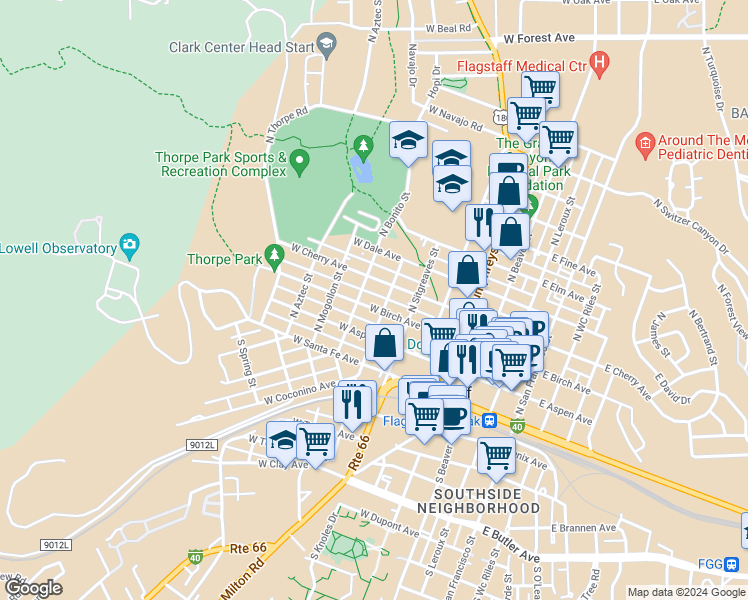 map of restaurants, bars, coffee shops, grocery stores, and more near 520 West Birch Avenue in Flagstaff