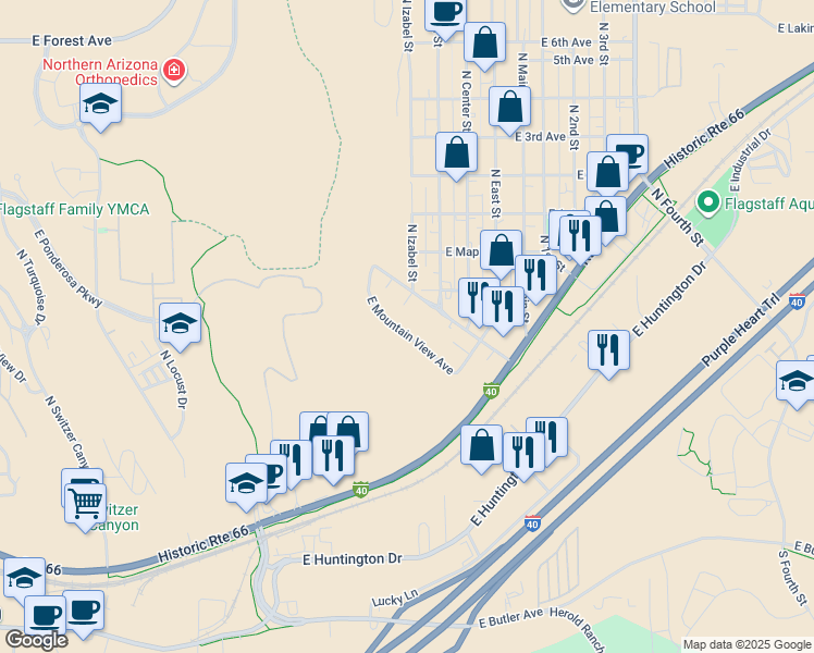 map of restaurants, bars, coffee shops, grocery stores, and more near 1713 North East Street in Flagstaff