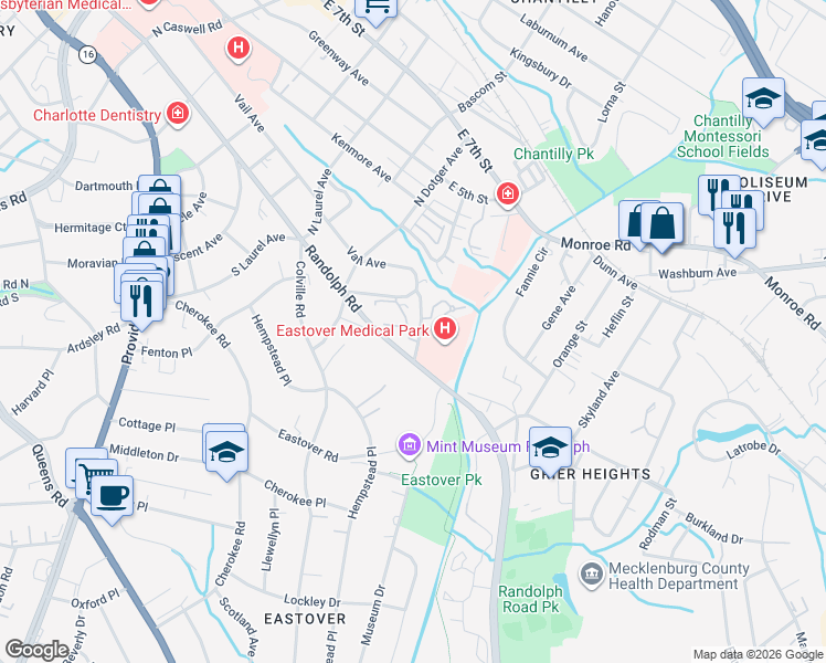 map of restaurants, bars, coffee shops, grocery stores, and more near 221 Crownsgate Court in Charlotte
