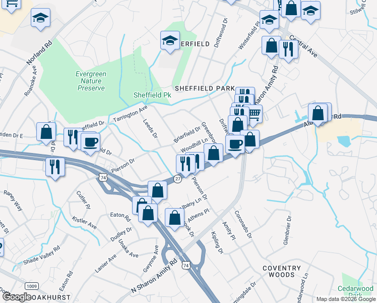 map of restaurants, bars, coffee shops, grocery stores, and more near 1420 Woodhill Lane in Charlotte