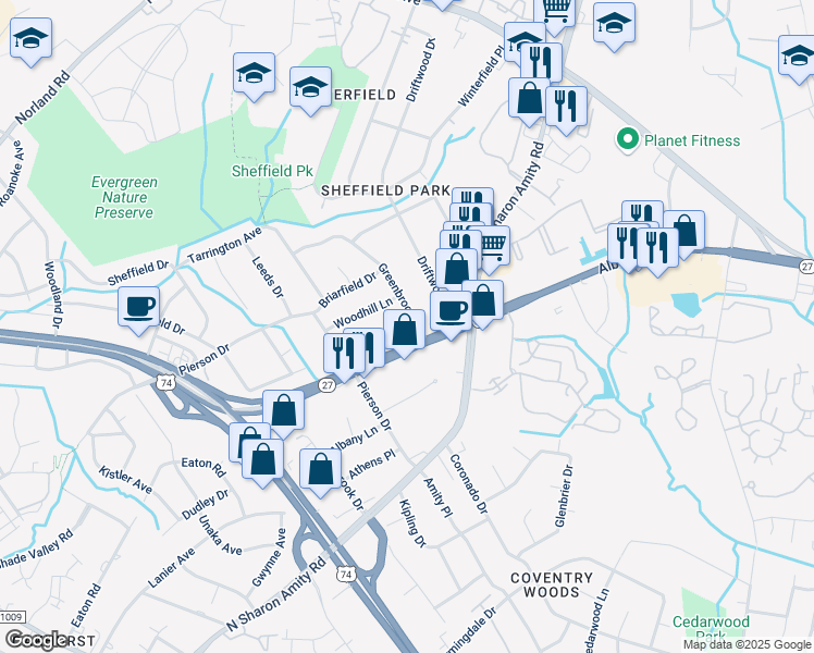 map of restaurants, bars, coffee shops, grocery stores, and more near 5315 Greenbrook Drive in Charlotte