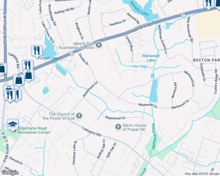 map of restaurants, bars, coffee shops, grocery stores, and more near 1121 Dooley Drive in Charlotte