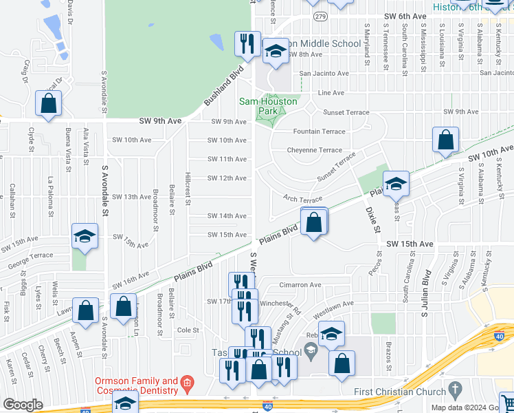 map of restaurants, bars, coffee shops, grocery stores, and more near 1307 South Western Street in Amarillo