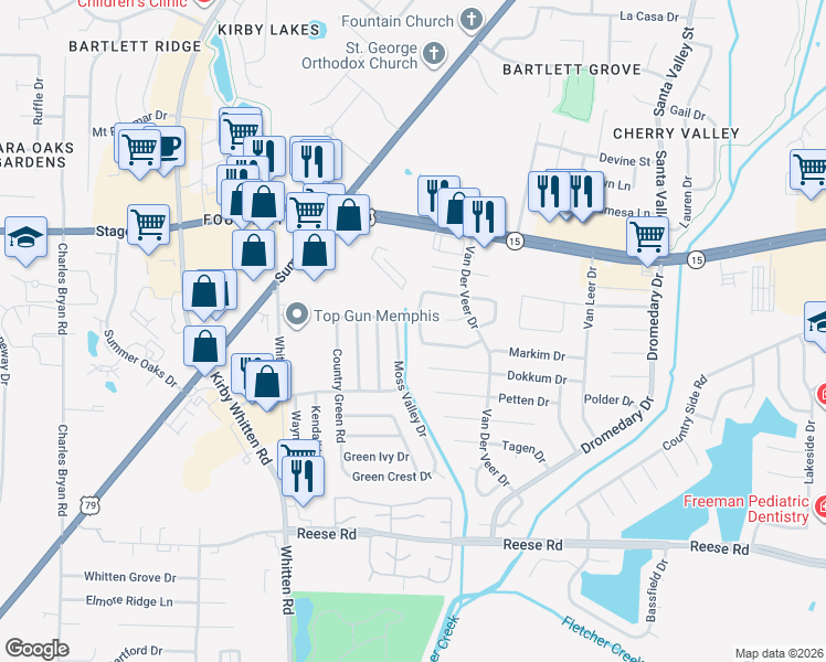 map of restaurants, bars, coffee shops, grocery stores, and more near 2785 Juanita Circle West in Memphis