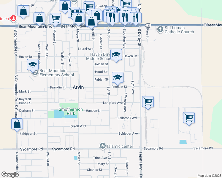 map of restaurants, bars, coffee shops, grocery stores, and more near 345 Franklin Street in Arvin