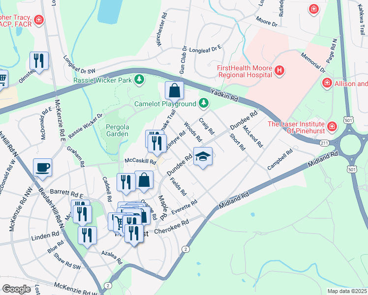 map of restaurants, bars, coffee shops, grocery stores, and more near 15 Medlin Road in Pinehurst