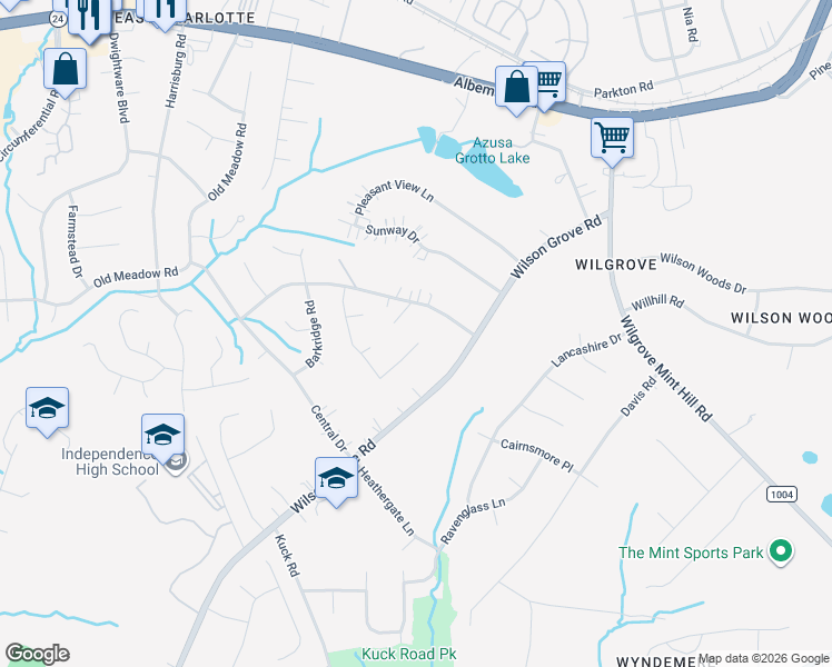 map of restaurants, bars, coffee shops, grocery stores, and more near 9501 Wood Beam Court in Mint Hill