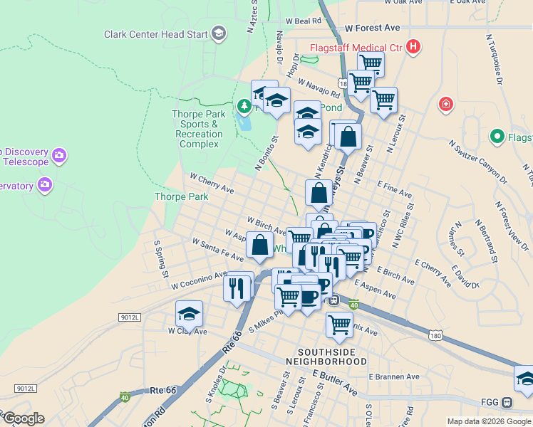 map of restaurants, bars, coffee shops, grocery stores, and more near 515 West Cherry Avenue in Flagstaff