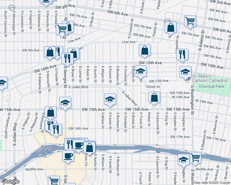 map of restaurants, bars, coffee shops, grocery stores, and more near 1901 North Julian Boulevard in Amarillo