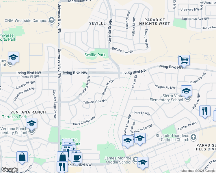 map of restaurants, bars, coffee shops, grocery stores, and more near 6215 Bisbee Place Northwest in Albuquerque