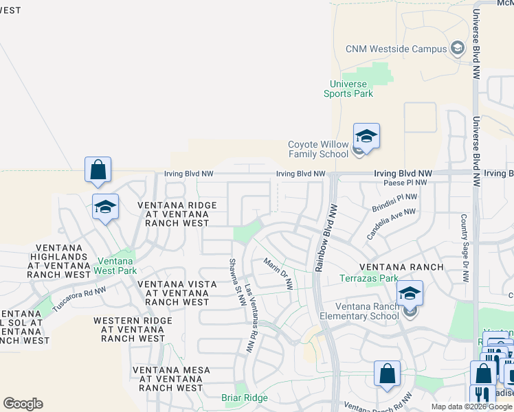 map of restaurants, bars, coffee shops, grocery stores, and more near 7460 Sanderling Road Northwest in Albuquerque