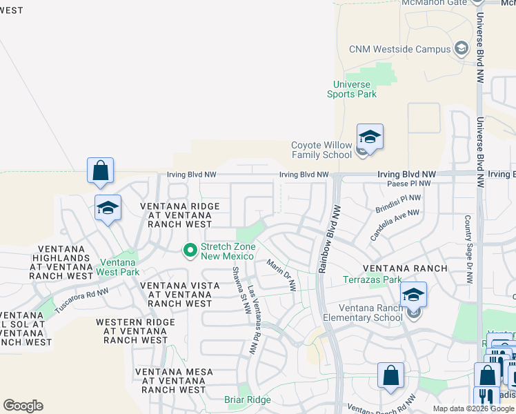 map of restaurants, bars, coffee shops, grocery stores, and more near 7460 Sanderling Road Northwest in Albuquerque
