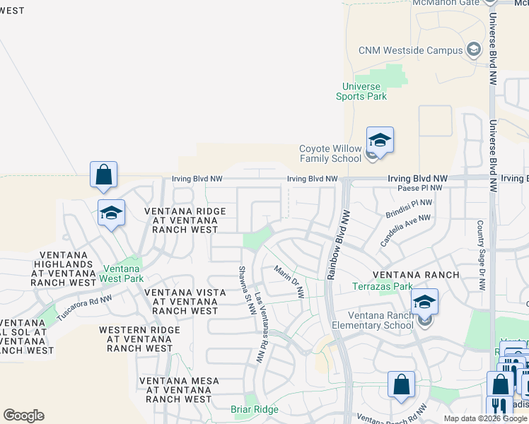 map of restaurants, bars, coffee shops, grocery stores, and more near 7460 Sanderling Road Northwest in Albuquerque