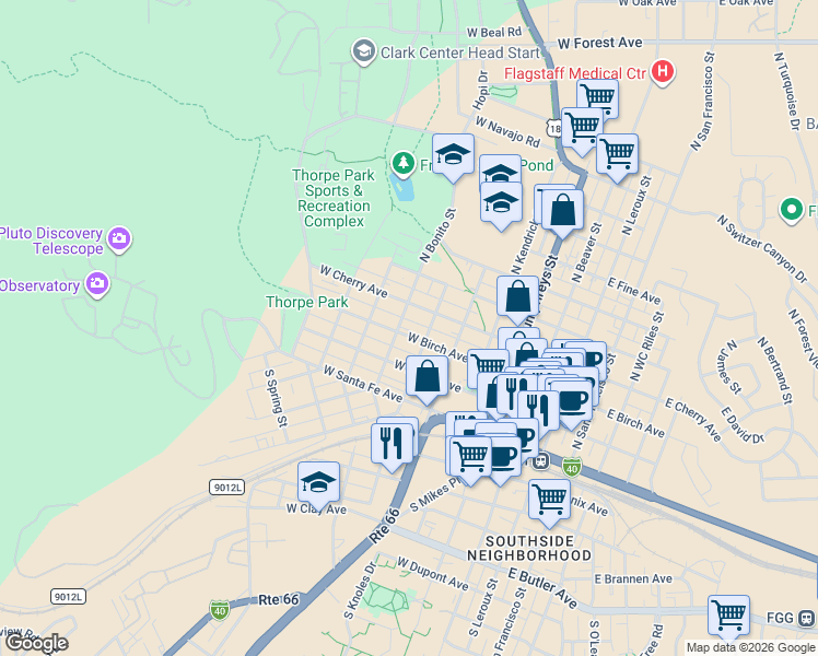 map of restaurants, bars, coffee shops, grocery stores, and more near 515 West Cherry Avenue in Flagstaff