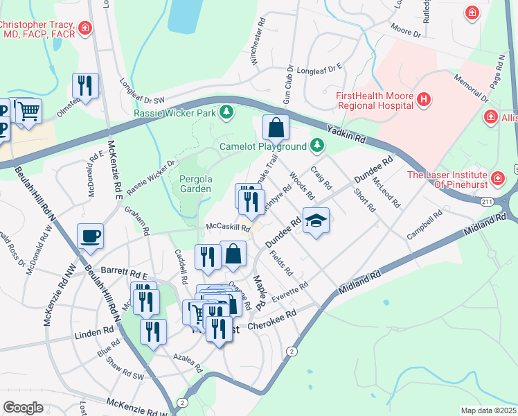 map of restaurants, bars, coffee shops, grocery stores, and more near 225 Kelly Road in Pinehurst