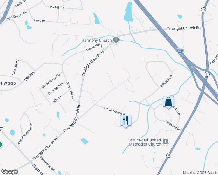 map of restaurants, bars, coffee shops, grocery stores, and more near 9441 Surface Hill Road in Mint Hill