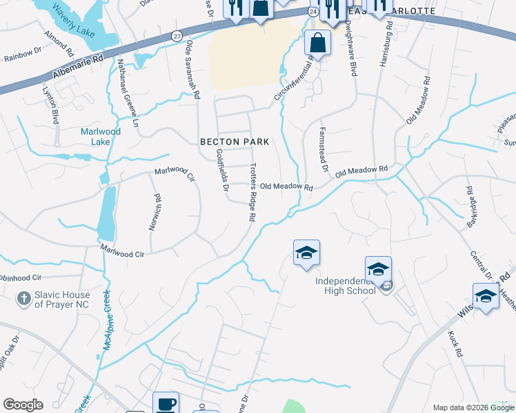 map of restaurants, bars, coffee shops, grocery stores, and more near 6207 Trotters Ridge Road in Charlotte