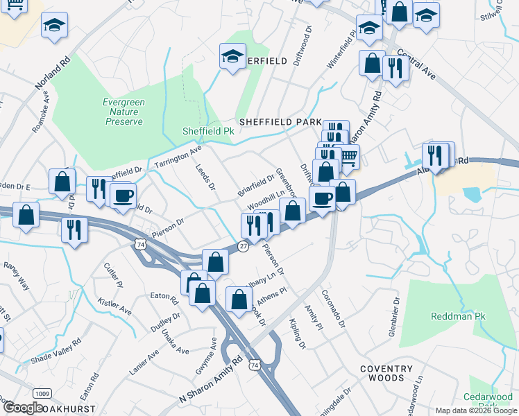 map of restaurants, bars, coffee shops, grocery stores, and more near 1413 Woodhill Lane in Charlotte