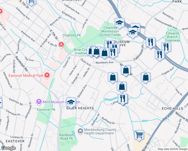 map of restaurants, bars, coffee shops, grocery stores, and more near in Charlotte