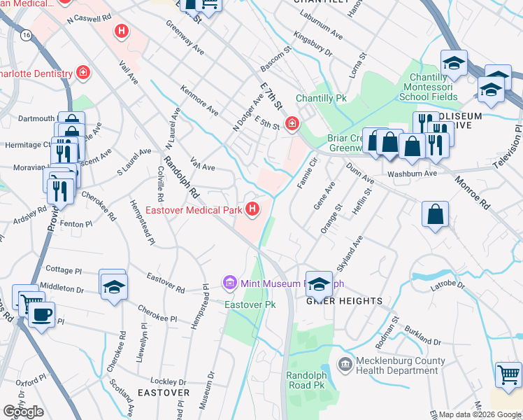map of restaurants, bars, coffee shops, grocery stores, and more near 5706 Bent Creek Circle in Charlotte