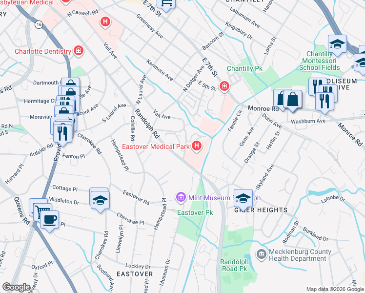 map of restaurants, bars, coffee shops, grocery stores, and more near 221 Crownsgate Court in Charlotte