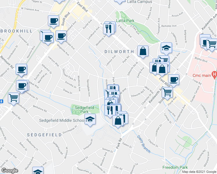 map of restaurants, bars, coffee shops, grocery stores, and more near 2117 Kirkwood Avenue in Charlotte