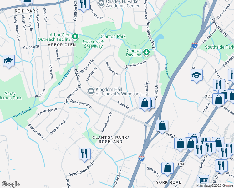 map of restaurants, bars, coffee shops, grocery stores, and more near 3501 Manchester Drive in Charlotte