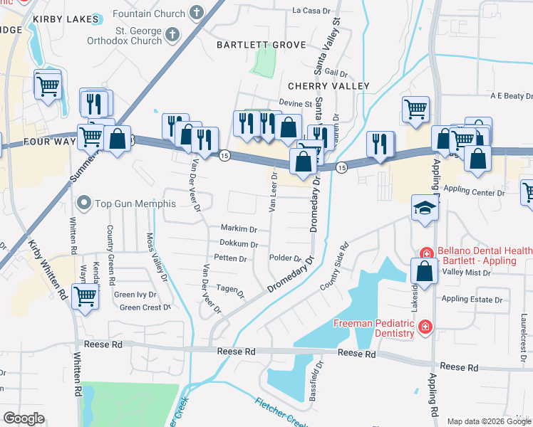 map of restaurants, bars, coffee shops, grocery stores, and more near 2800 Van Leer Drive in Memphis