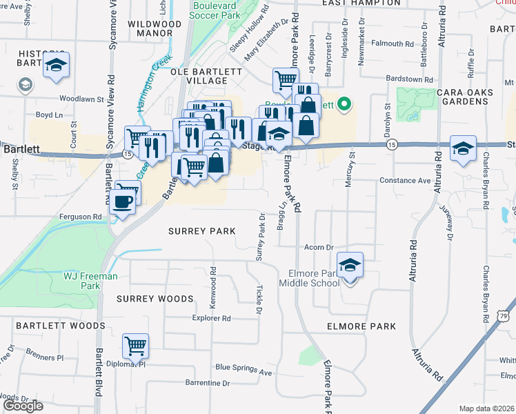 map of restaurants, bars, coffee shops, grocery stores, and more near 2814 Stage Center Drive in Bartlett