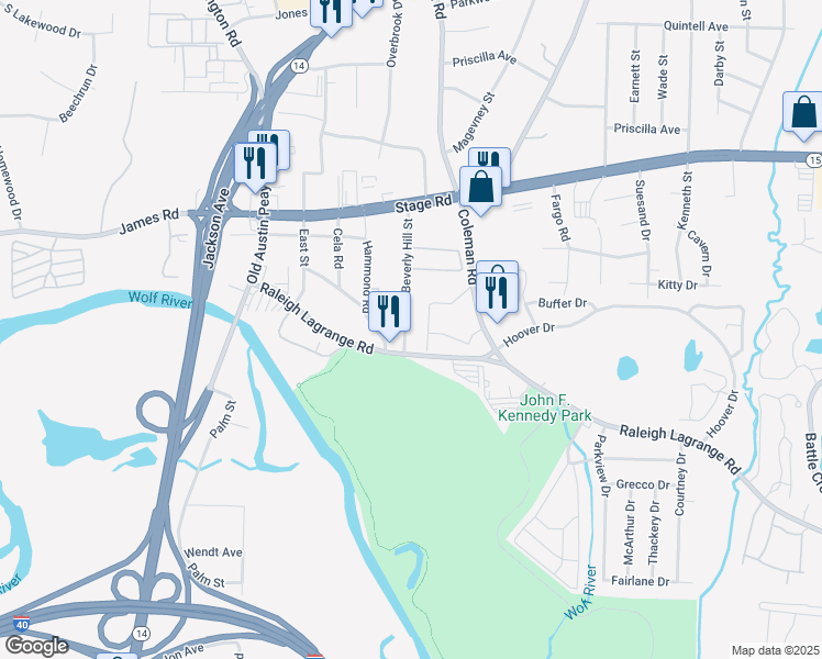 map of restaurants, bars, coffee shops, grocery stores, and more near 2813 Beverly Hill Street in Memphis