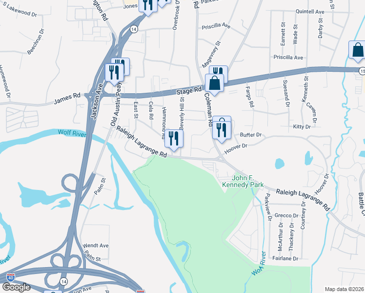 map of restaurants, bars, coffee shops, grocery stores, and more near 2813 Beverly Hill Street in Memphis