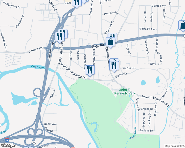 map of restaurants, bars, coffee shops, grocery stores, and more near 2813 Beverly Hill Street in Memphis