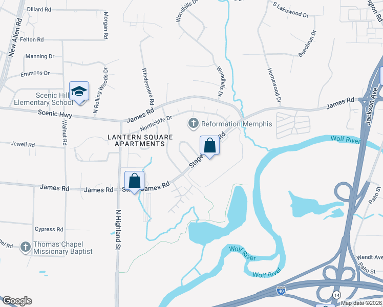 map of restaurants, bars, coffee shops, grocery stores, and more near 2802 East Hickory Bluff in Memphis