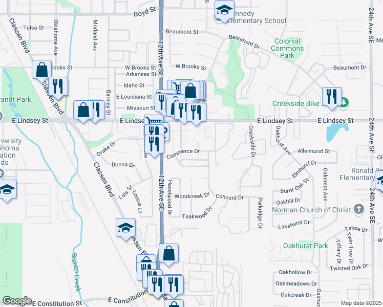 map of restaurants, bars, coffee shops, grocery stores, and more near 1317 Commerce Drive in Norman