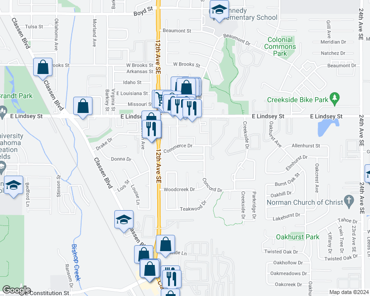 map of restaurants, bars, coffee shops, grocery stores, and more near 1307 Commerce Drive in Norman