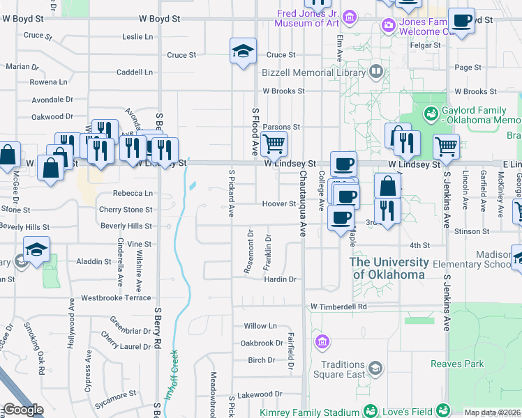 map of restaurants, bars, coffee shops, grocery stores, and more near 1102 South Flood Avenue in Norman