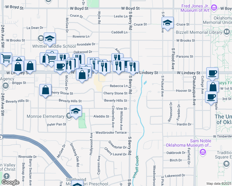 map of restaurants, bars, coffee shops, grocery stores, and more near 1314 Rebecca Lane in Norman