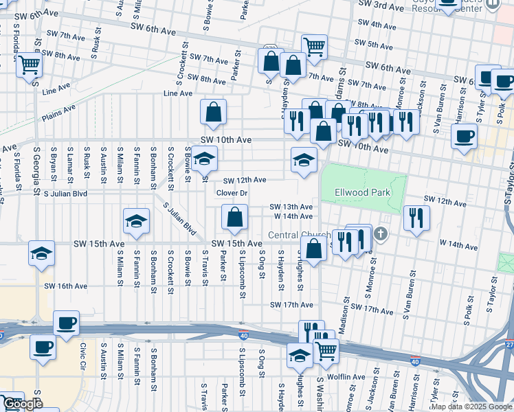 map of restaurants, bars, coffee shops, grocery stores, and more near 1302 West 13th Avenue in Amarillo
